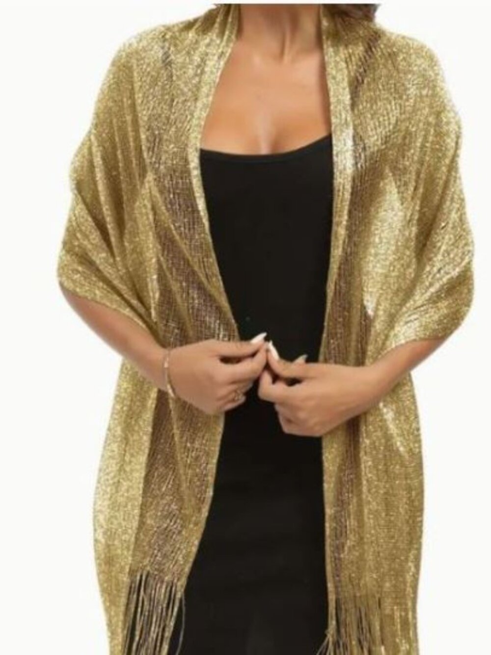 Women's Metallic Black Sparkling Tassel Scarf Wrap - Picture 2 of 5